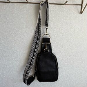 Anthropologie Black Leather Bag with Striped Strap